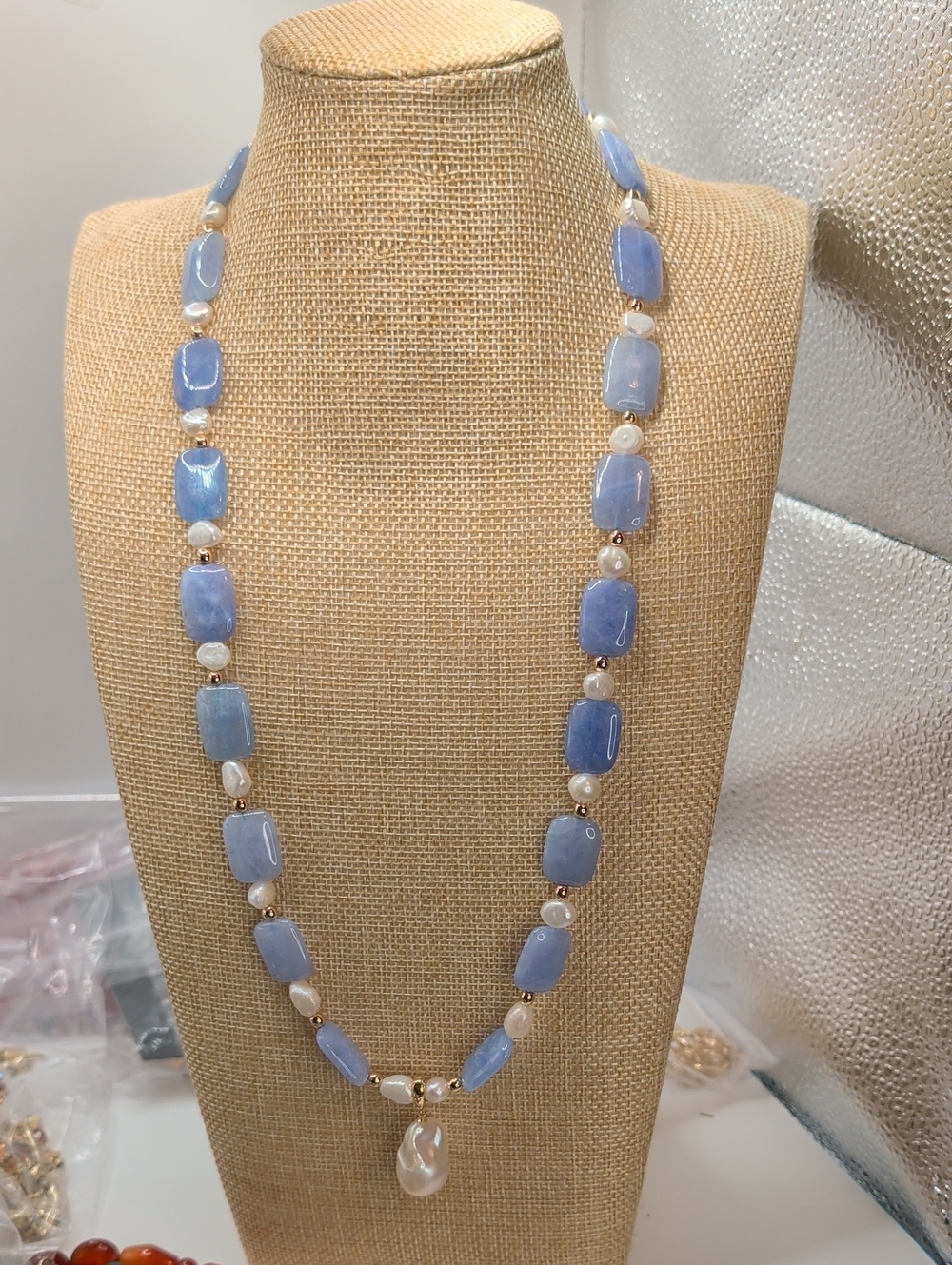 Blue Chalcedony and Pearl Long Necklace - Unbranded